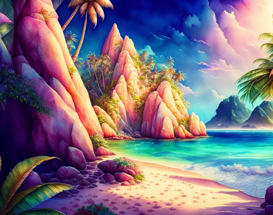Colorful digital art of tropical beach scene