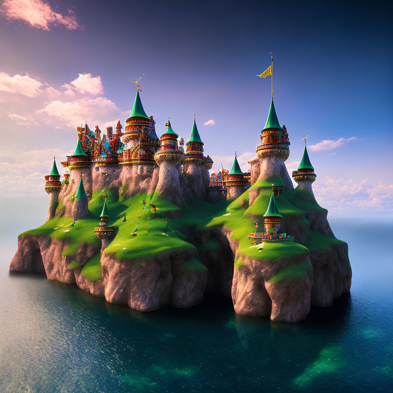 Colorful Fantasy Island Castle with Green Rooftops on Rugged Cliff