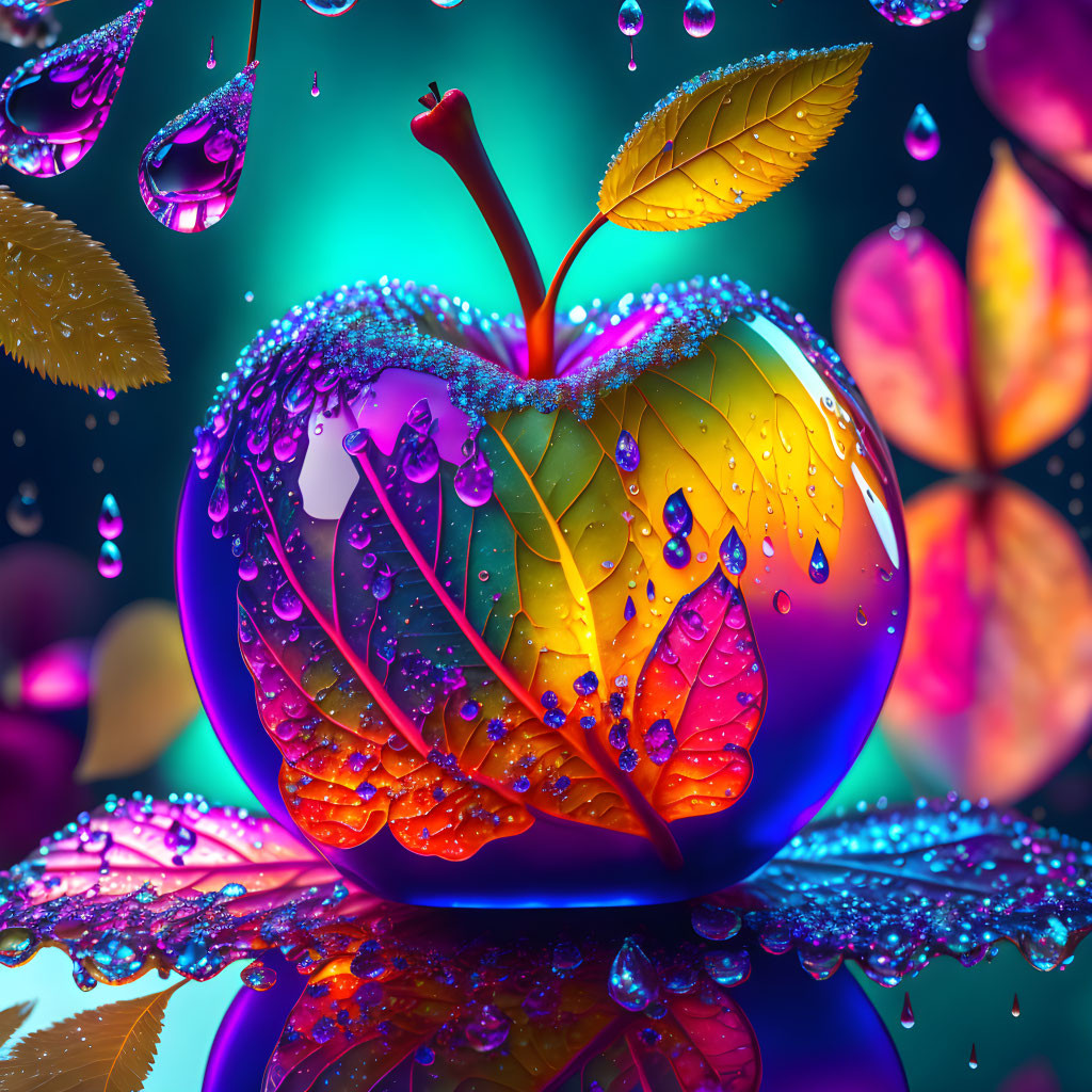 Colorful 3D Rendered Apple with Multicolored Leaves and Water Droplets