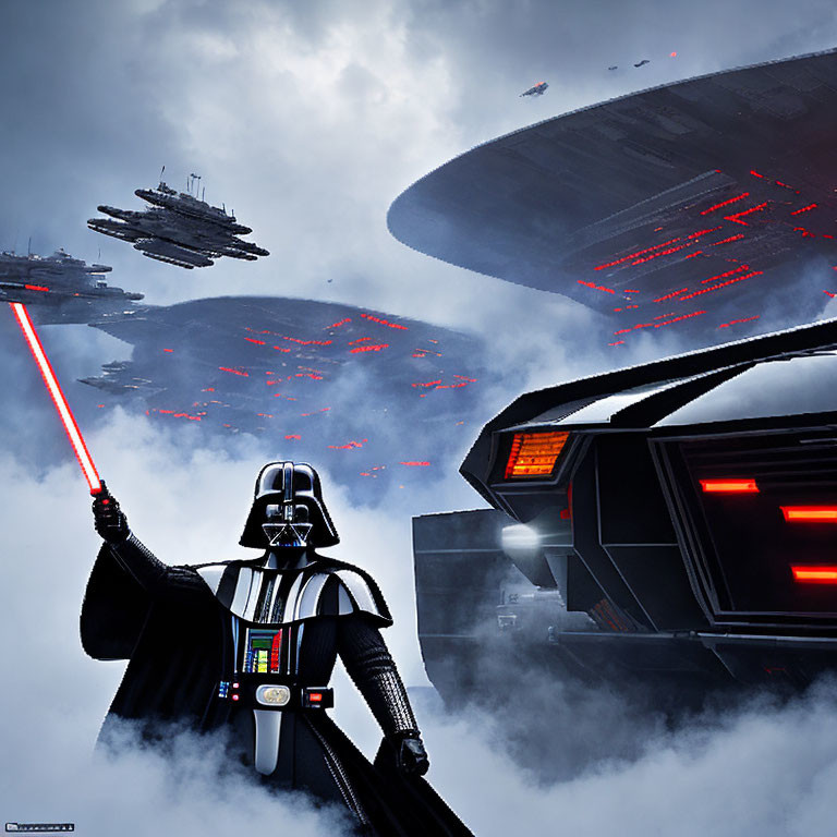 Iconic Darth Vader in lightsaber stance among Star Wars battle scene