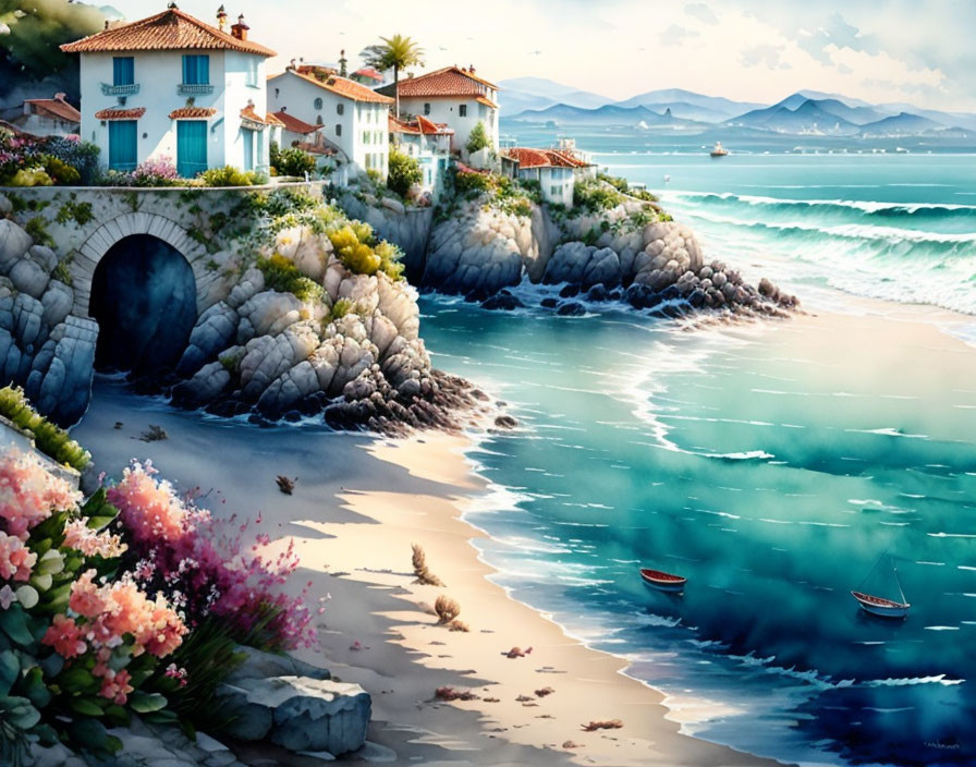 Coastal scene with tunnel, traditional houses, boats, and vibrant flowers