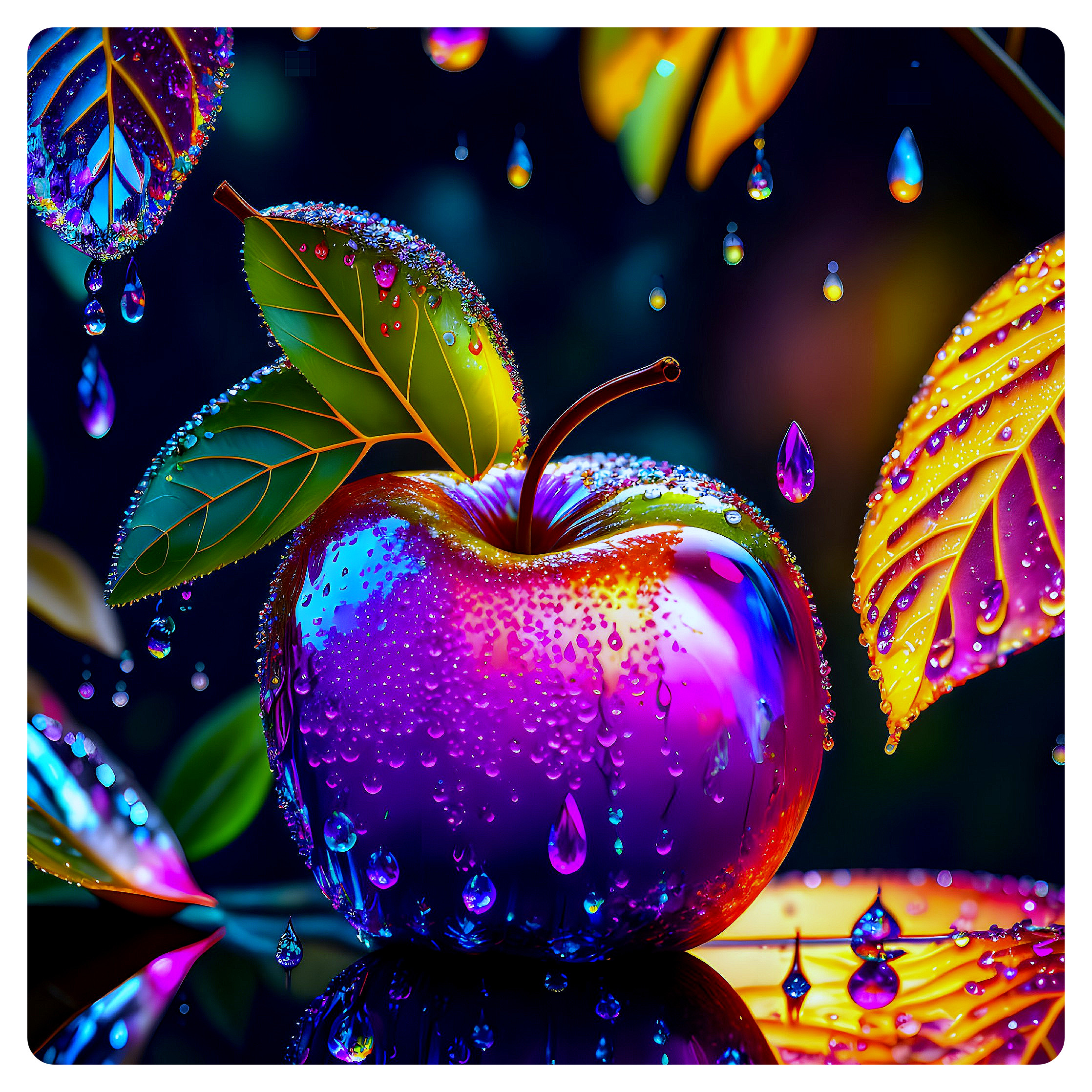 Colorful digital artwork: Dew-covered apple with glistening leaves