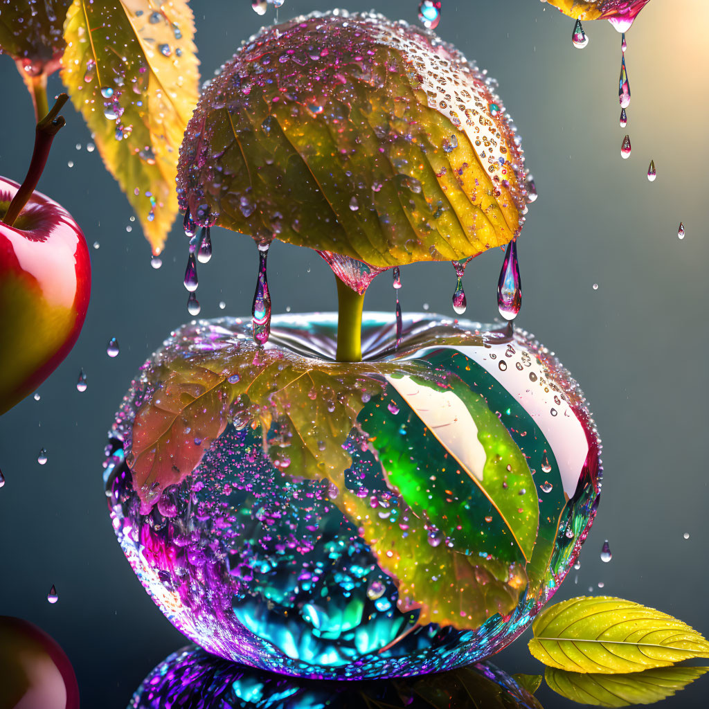 Colorful Multicolored Apple with Water Droplets and Leaves on Gradient Background