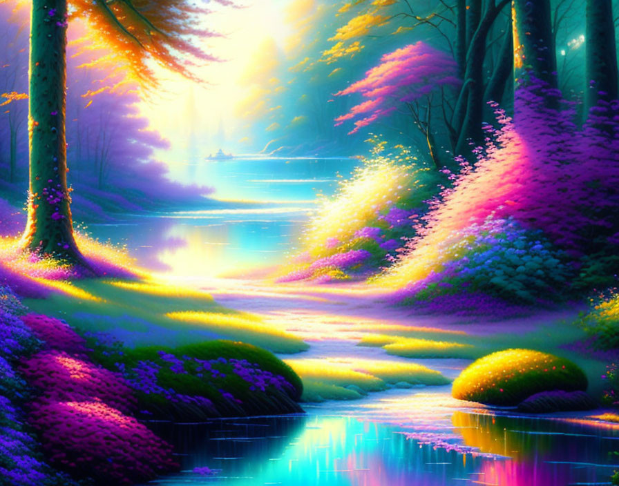 Colorful Fantasy Landscape with River and Blooming Trees