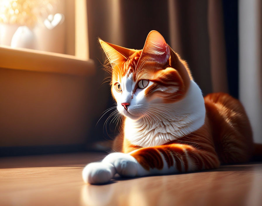 Orange and White Cat Relaxing in Sunlit Window