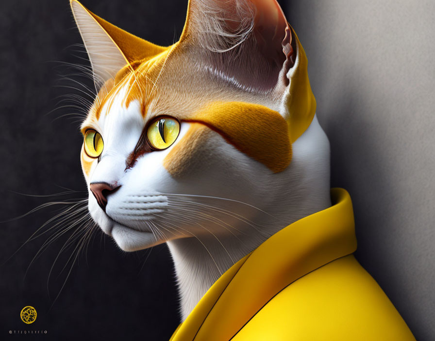 Anthropomorphic white and ginger cat digital artwork with yellow eyes and collar.