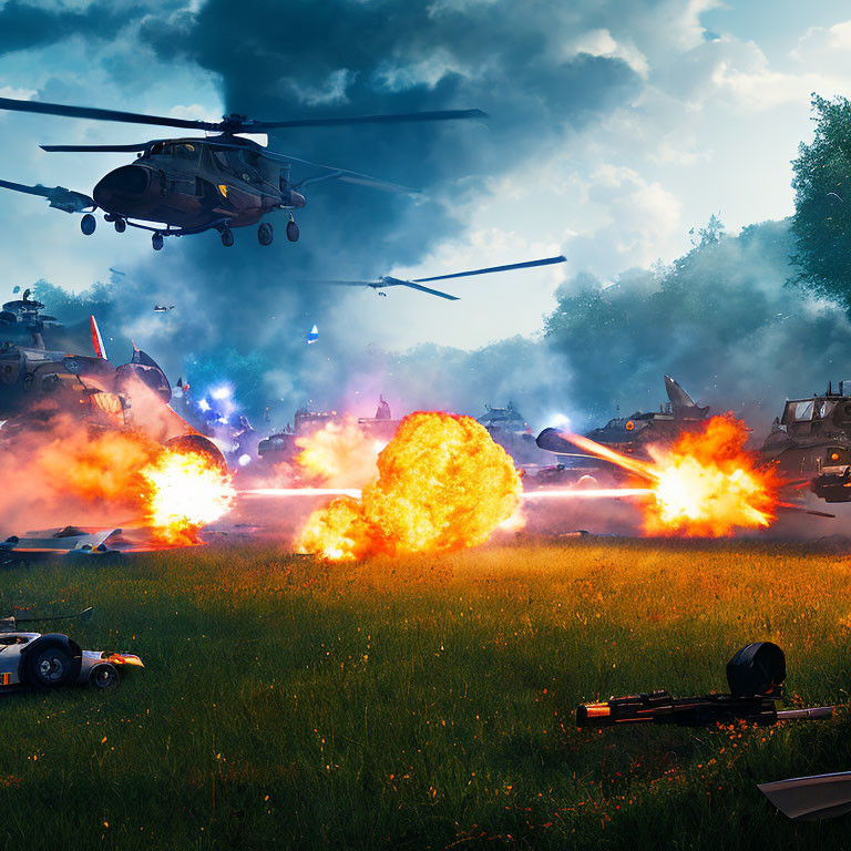 Military vehicles and helicopters in fiery battlefield scene.