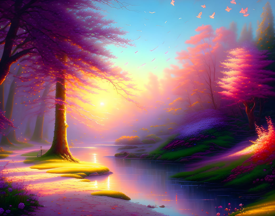 Vivid purple trees in enchanted forest with river, butterflies, and sunrise