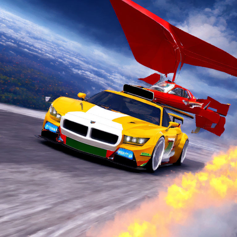 Yellow Racing Car with Flames and Spoiler on Track Under Cloudy Sky