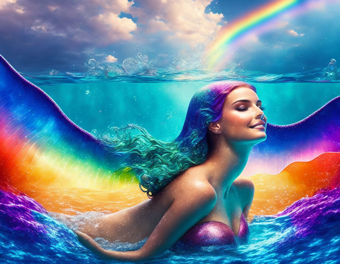 Colorful-haired woman swimming in vibrant waters under vivid rainbow