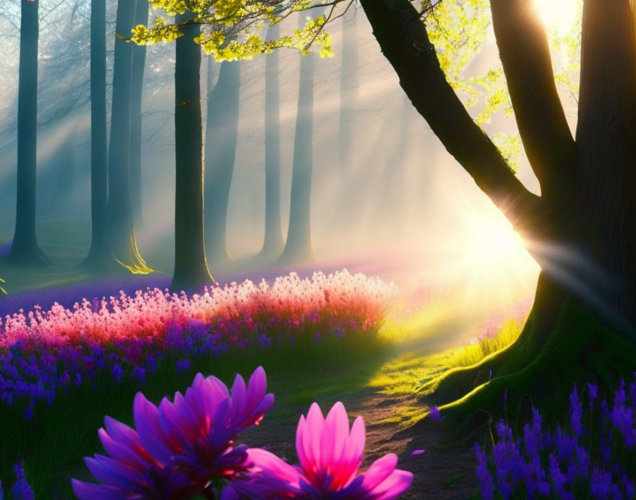 Lush forest with pink and purple wildflowers in sunlight