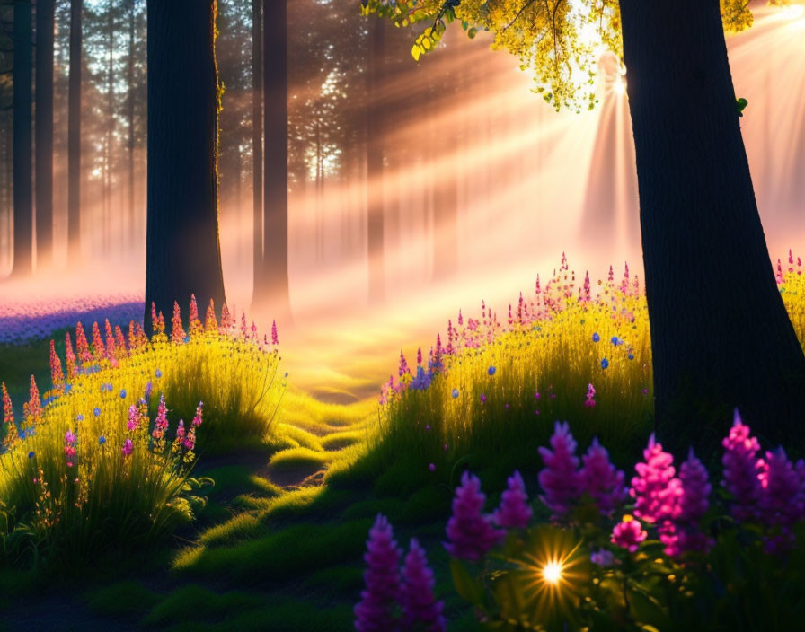 Sunbeams illuminate mystical forest with green moss and purple flowers