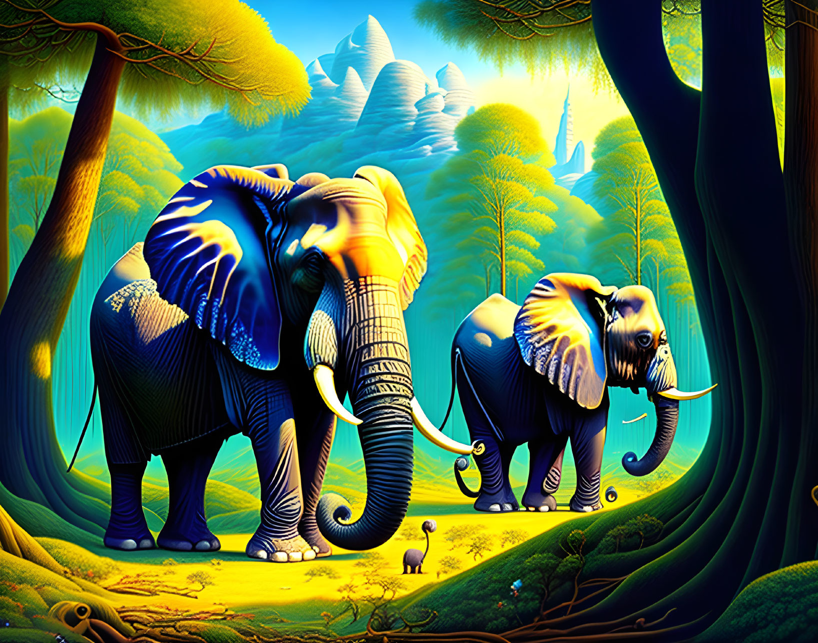 Stylized elephants in vibrant, fantastical forest