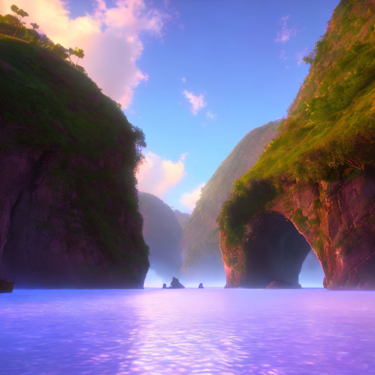 Tranquil purple-hued body of water in serene digital landscape