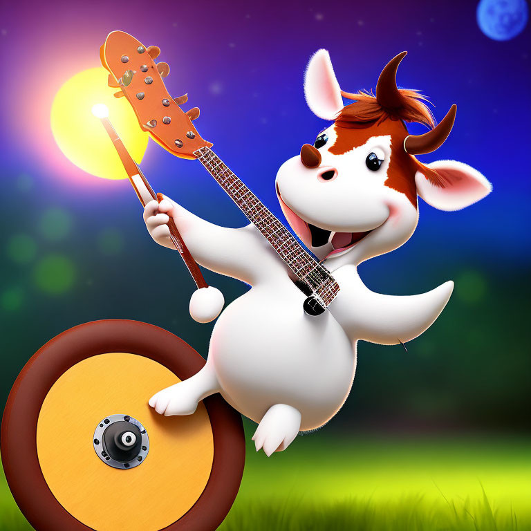 Joyful animated cow playing guitar with shield under bright night sky