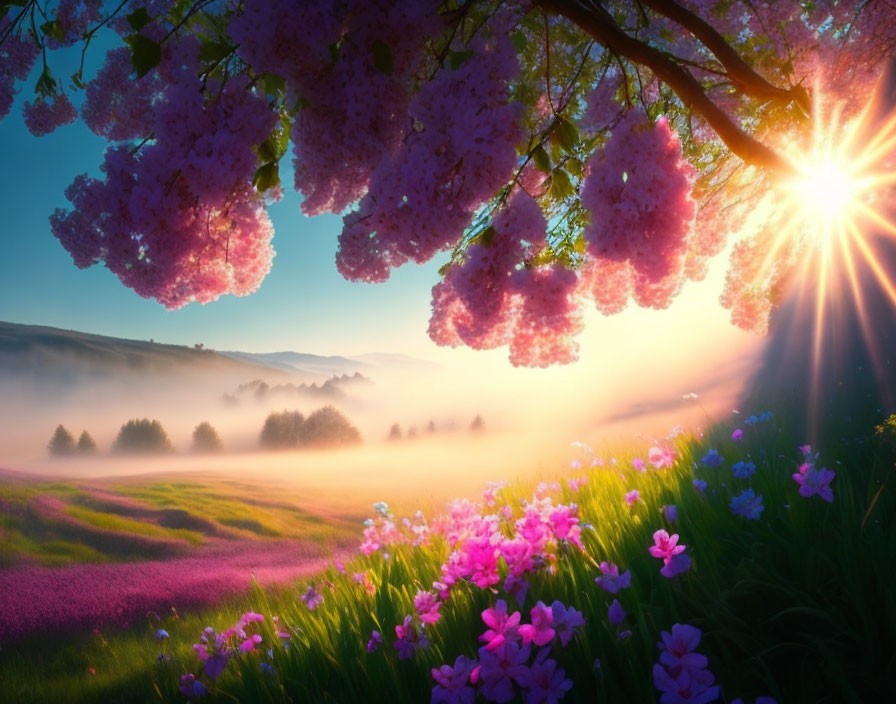 Misty sunrise over pink blossom-filled meadow