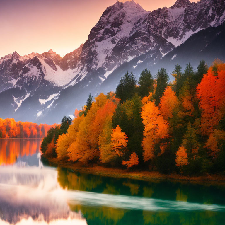 Vibrant orange autumn trees by tranquil lake with snow-capped mountains at dusk