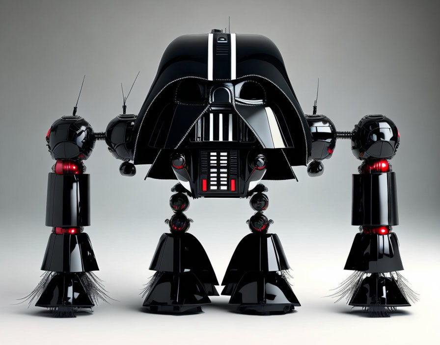 Stylized glossy figures in Darth Vader-like formation on gray background