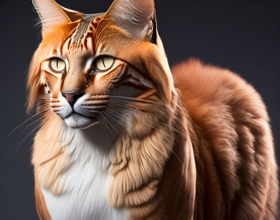 Photorealistic digital illustration of a cat with amber eyes and orange coat