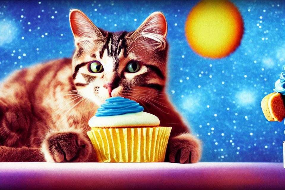 Tabby cat with whimsical expression and cupcake on cosmic starry background