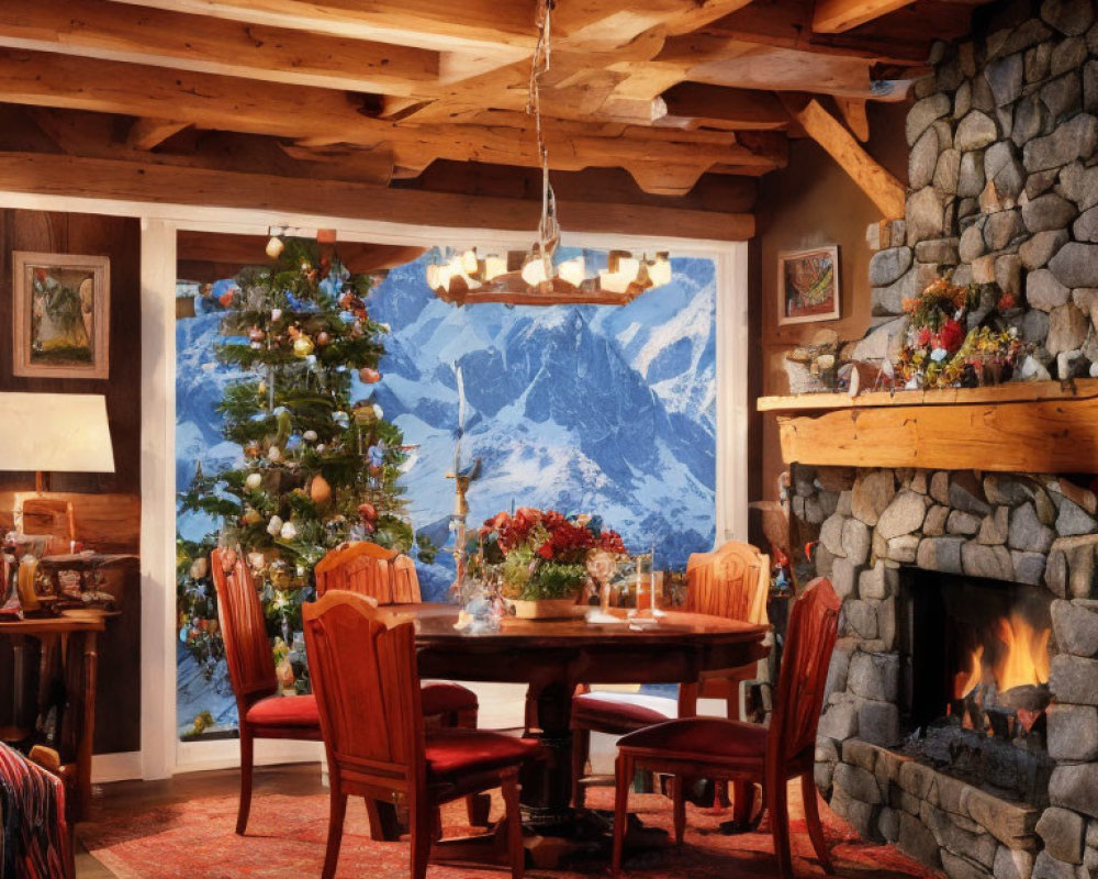 Rustic mountain lodge dining room with fireplace, Christmas tree, and snowy view