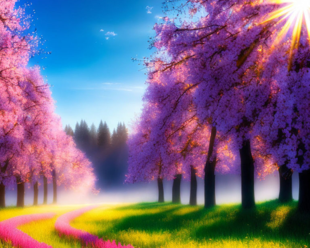Bright cherry blossoms and wildflowers under the sun in a mystical forest scene