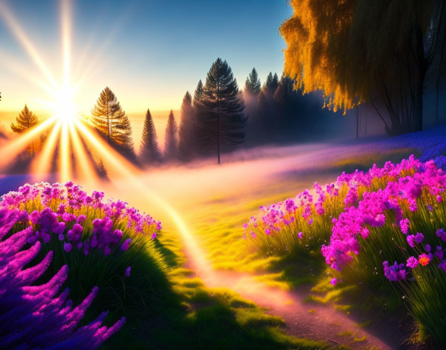 Colorful sunrise illuminating misty field with flower-lined path