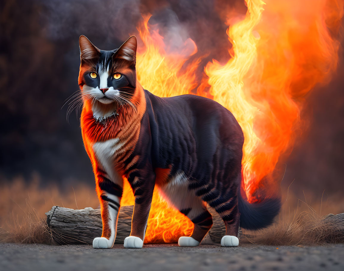 Vividly colored cat by blazing fire poses for camera