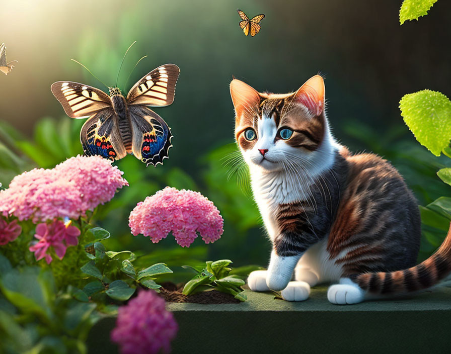Cat with Striking Markings Watching Butterflies in Pink Flower Garden