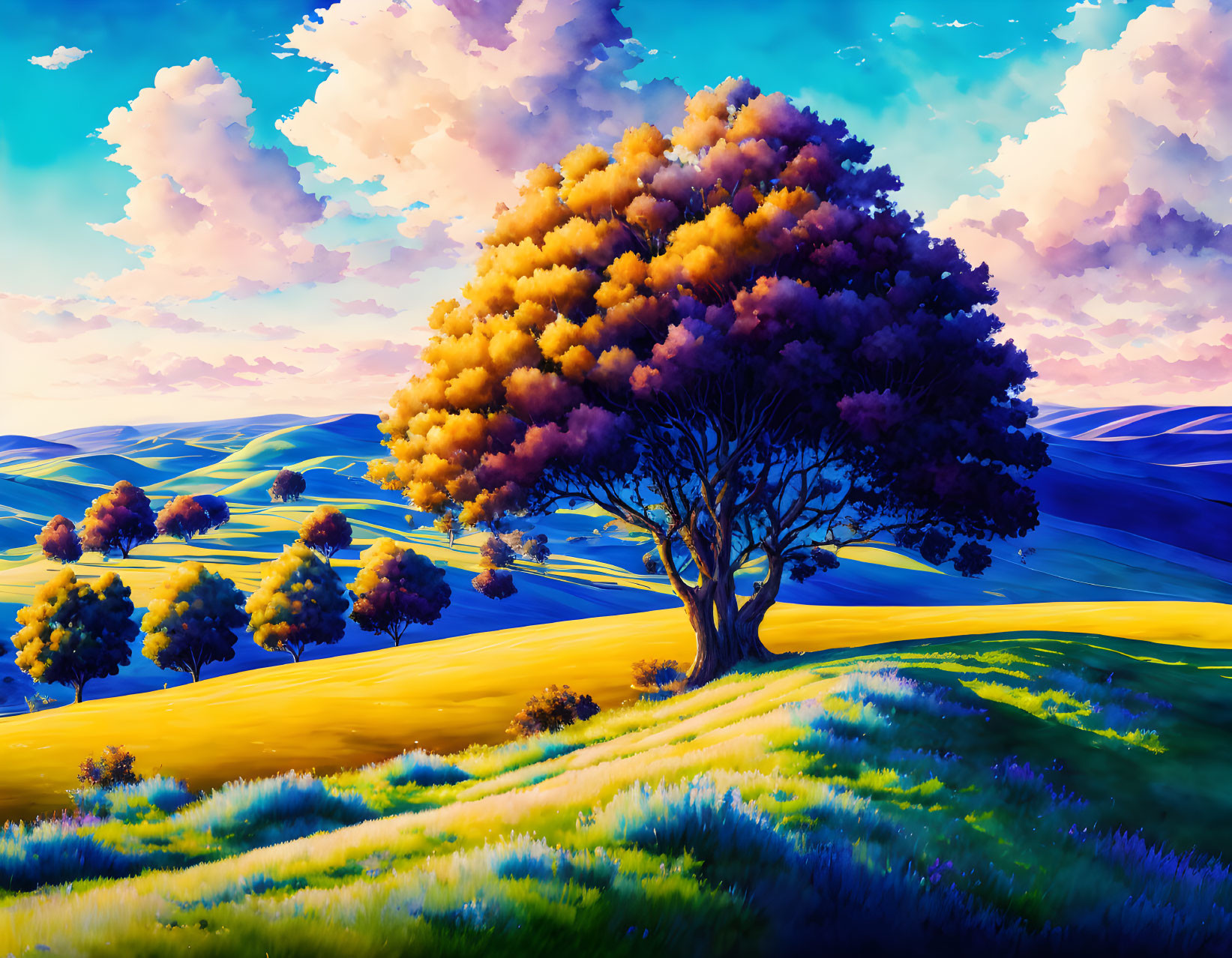 Colorful digital artwork of lone tree on hill amidst rolling landscape