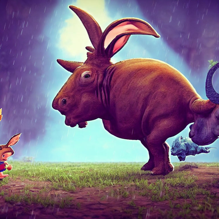 Cartoon rabbit with dinosaur features in rainy landscape with surprised creature