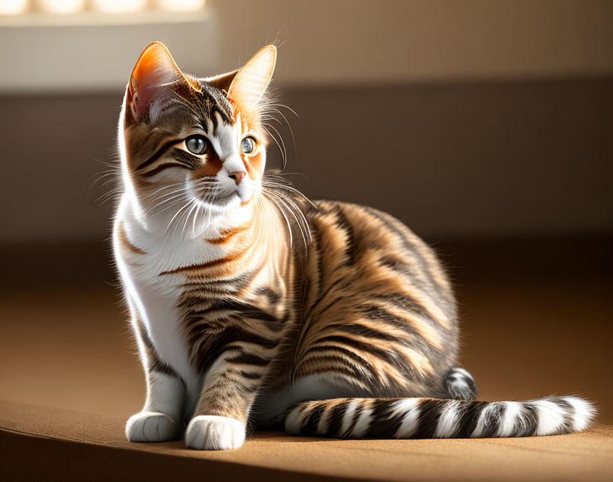 Tabby Cat with Unique Markings Sitting in Sunlight