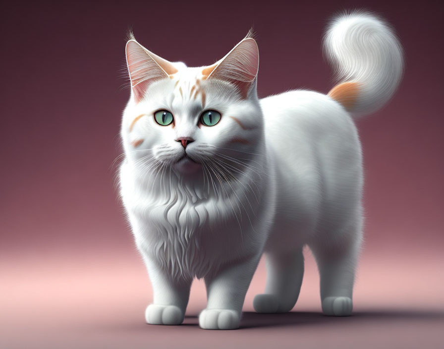 White Cat with Green Eyes and Orange Accents on Pink Background