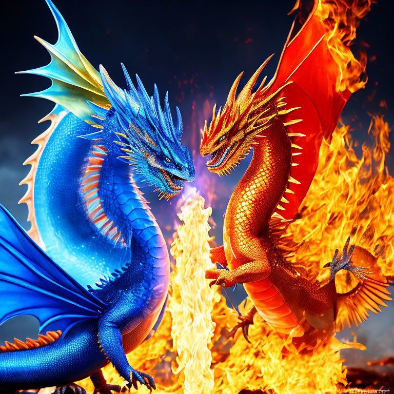 Vibrant blue and orange dragons clash in fiery stormy sky