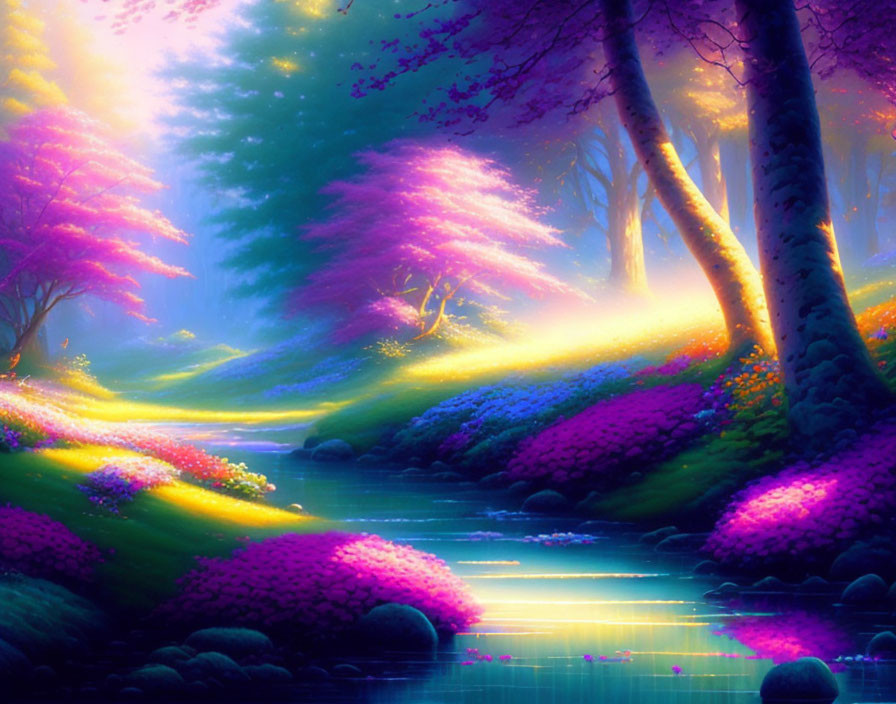 Colorful Magical Forest with Stream and Sunbeams