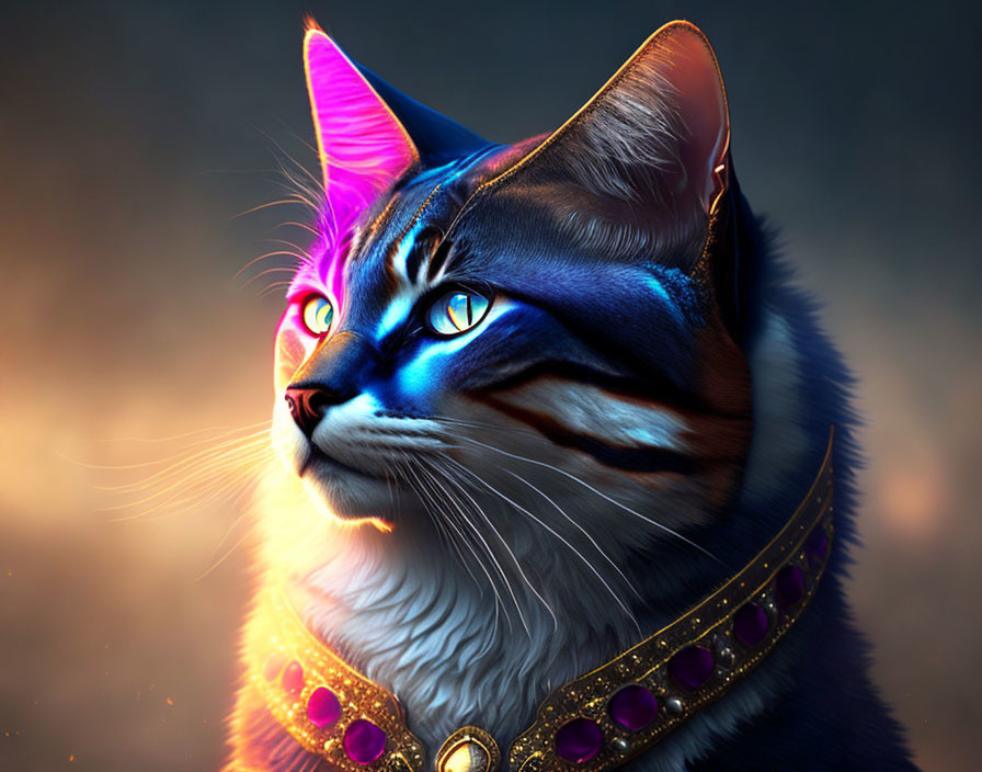 Majestic blue cat with neon highlights and golden collar