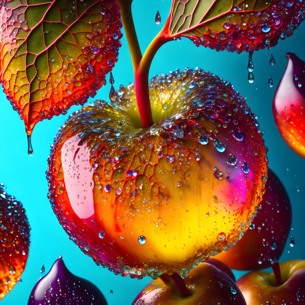 Fresh apple with water droplets on colorful background with leaves and fruits.