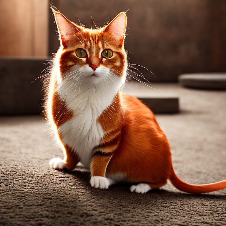 Orange and White Cat with Green Eyes on Carpeted Floor in Sunlight