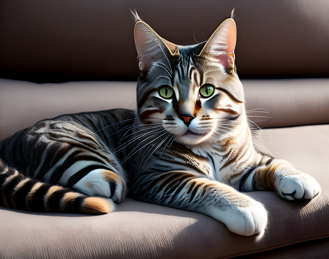 Striped domestic cat with green eyes on leather sofa in sunlight
