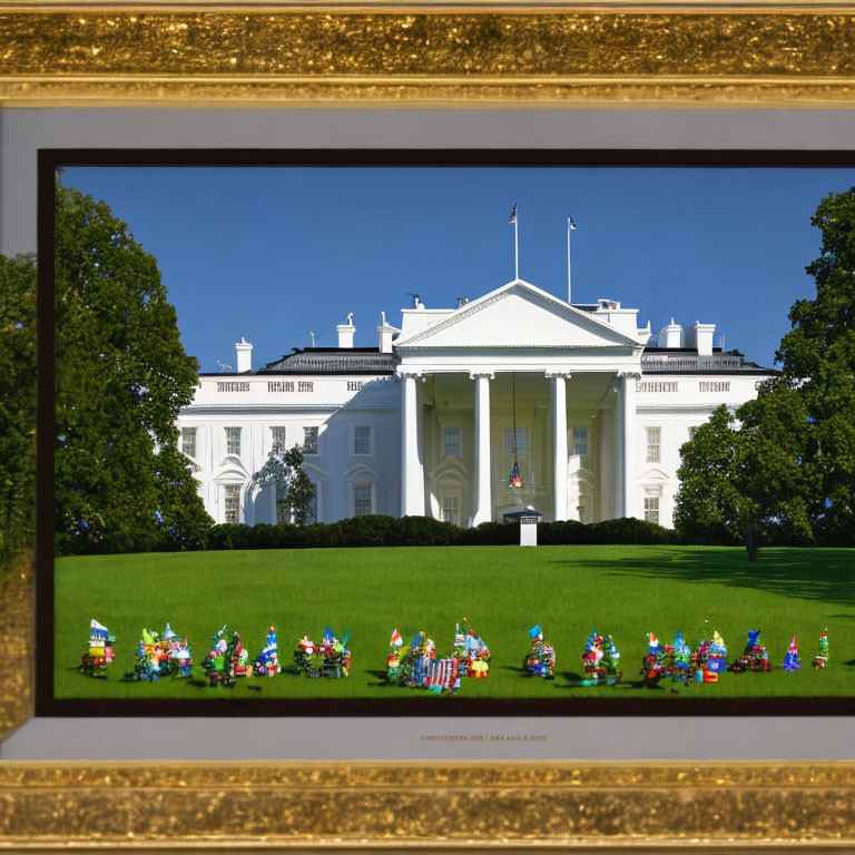 White House with Colorful Garden Gnomes on Sunny Day