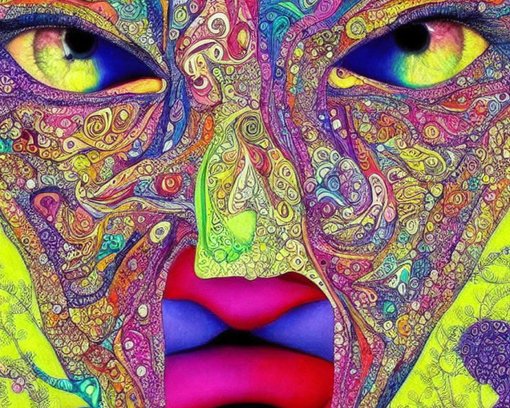 Colorful psychedelic face with intricate patterns and vibrant features.