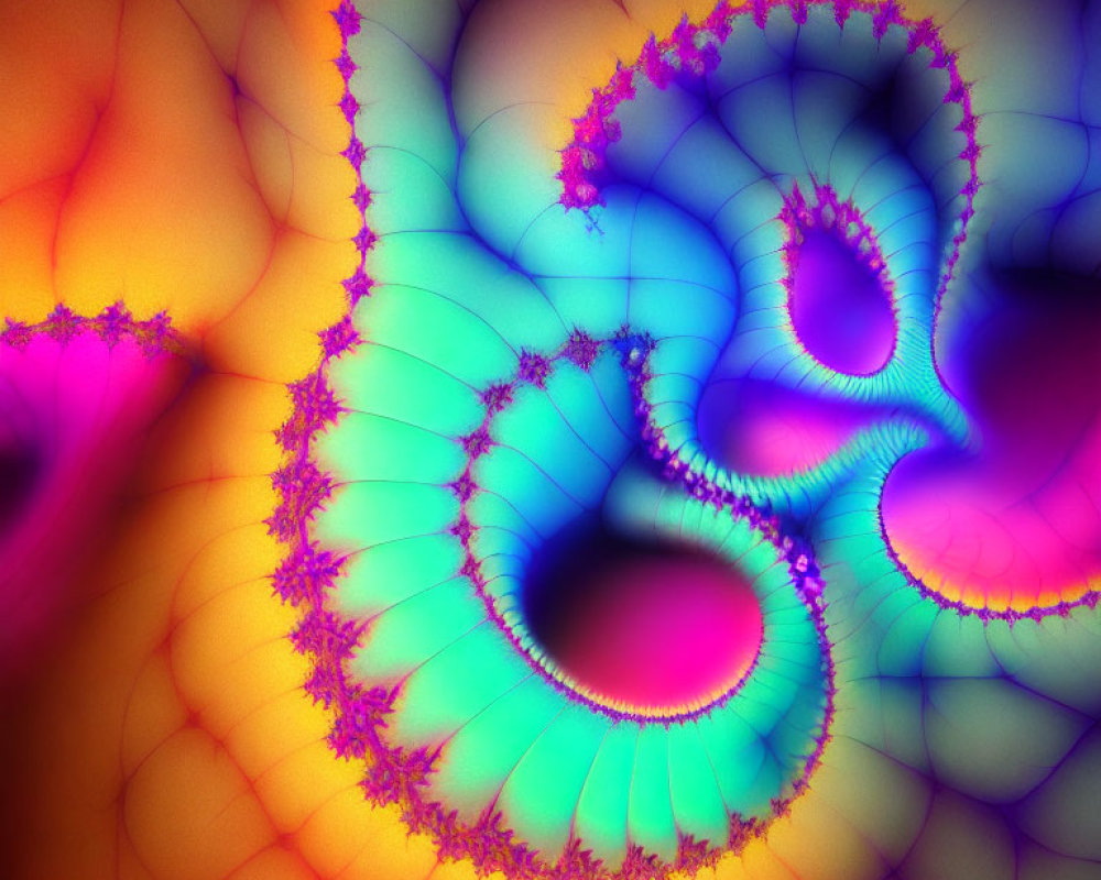 Vibrant fractal art with purple, orange, and blue swirling patterns