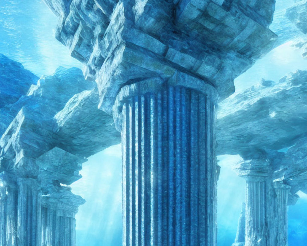 Submerged Ancient Stone Columns in Tranquil Underwater Environment