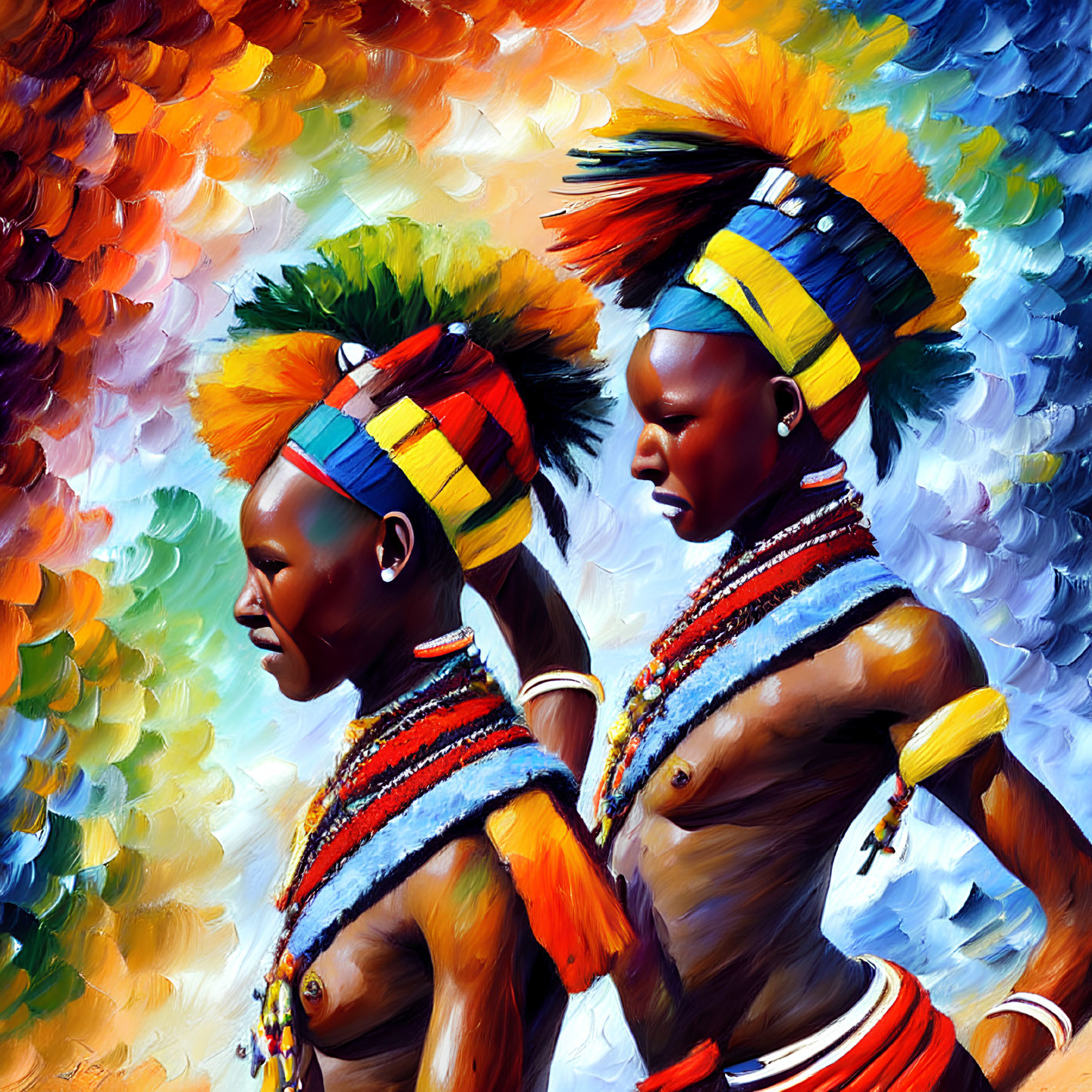 Vibrant African attire painting of two women in colorful headdresses