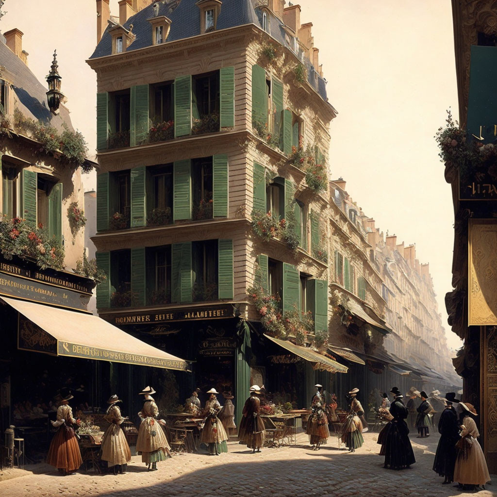 Historical 19th-Century City Street Scene with Period Attire and Quaint Buildings
