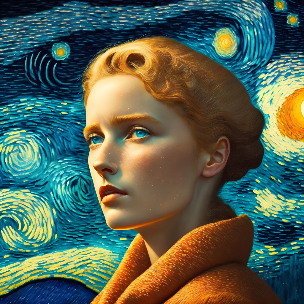 Digital Artwork: Woman's Portrait Blended with Starry Night