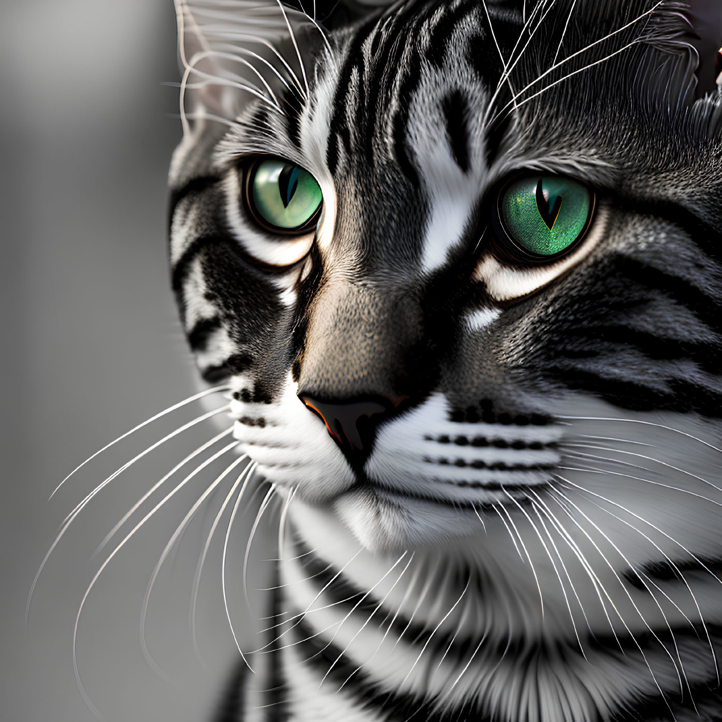 Detailed Close-Up of Cat with Green Eyes and Striped Fur