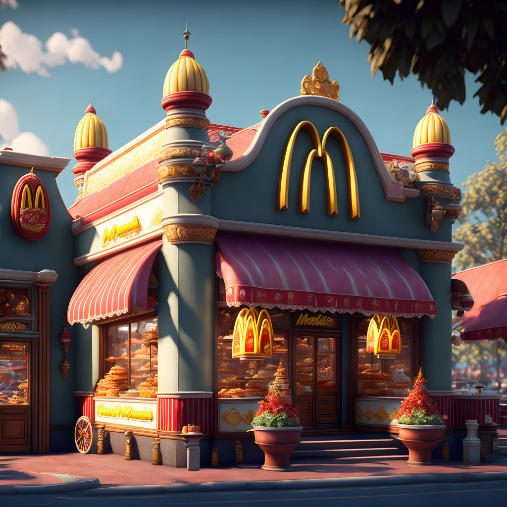 Ornate McDonald's restaurant with vintage decor and warm sunlight