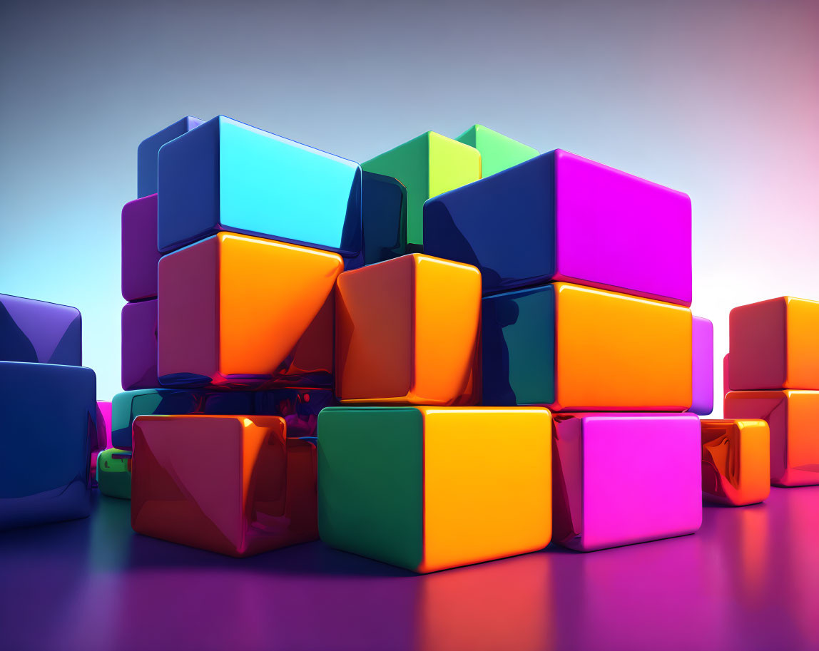 Vibrant 3D-Rendered Cubes with Glossy Finish in Soft Lighting