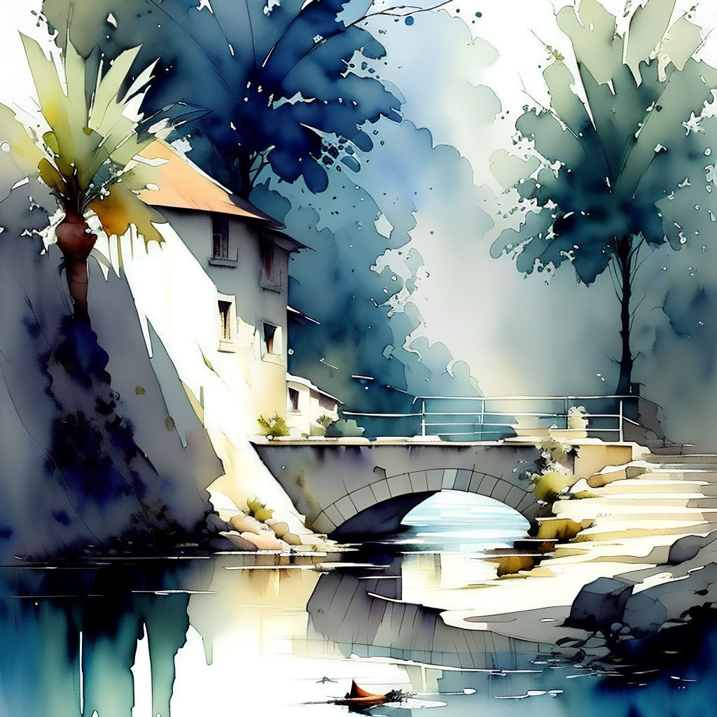 Serene riverside watercolor painting with boat, trees, house in blues, yellows, whites